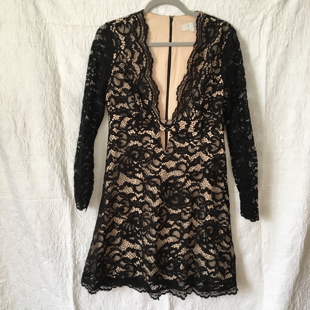 Jarlo Black and Nude Lace Deep Plunge Dress